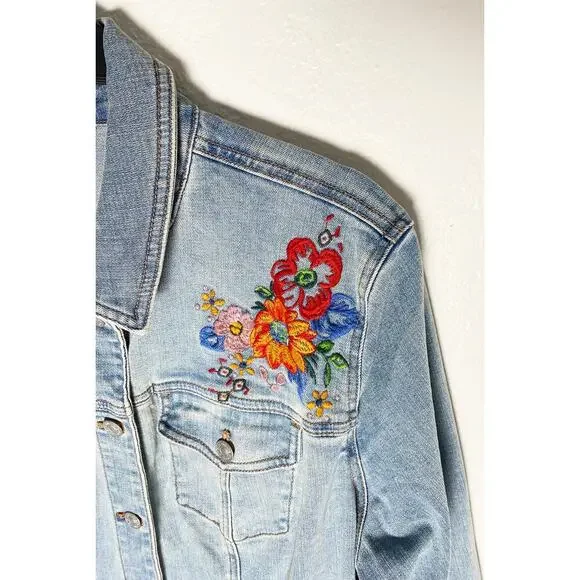 Chico's Womens Embroidered Floral Jean Jacket Shacket Stretch Welt/Chest Pockets